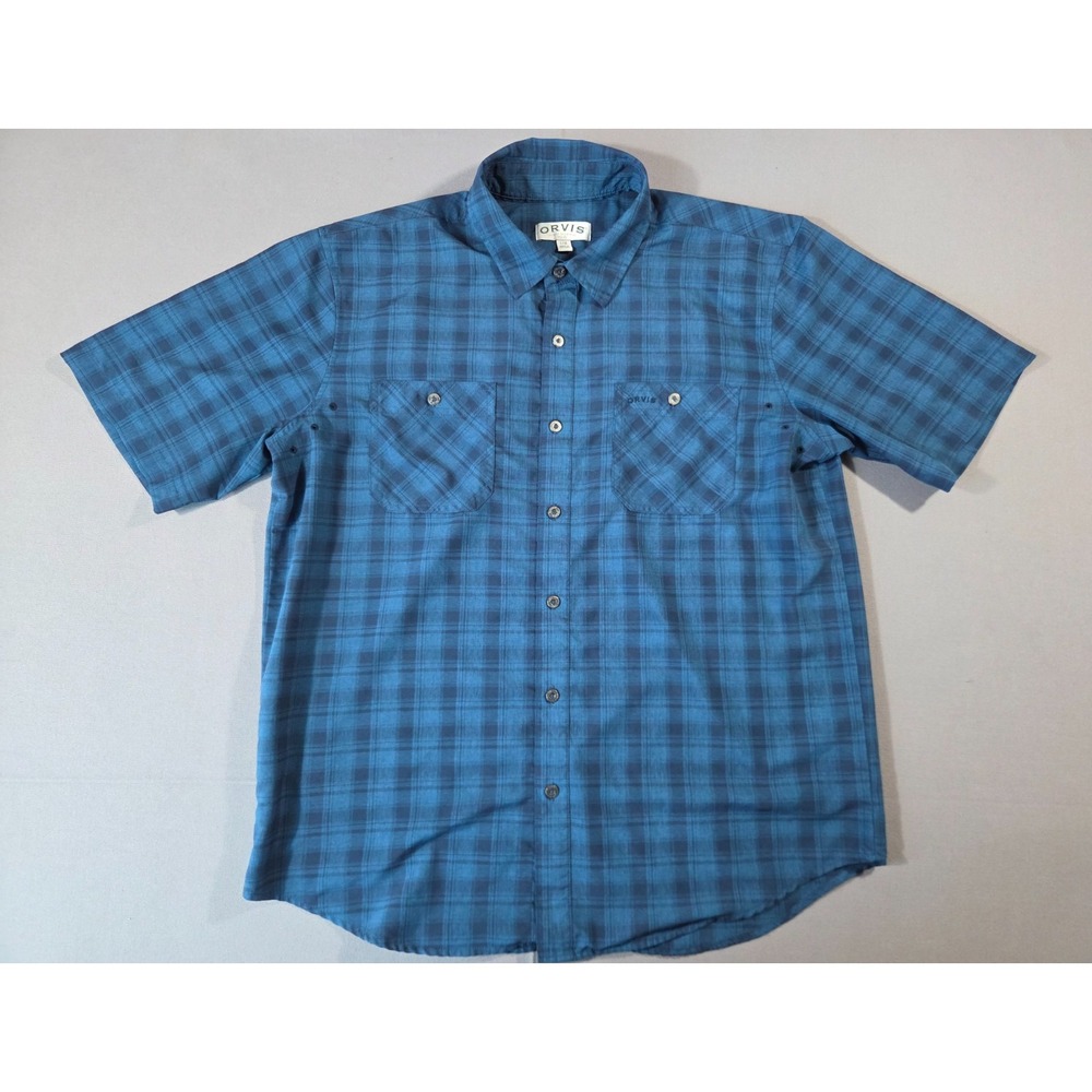 Orvis Shirt Mens Large Blue Plaid Performance Stretch Fishing Outdoors Button Up